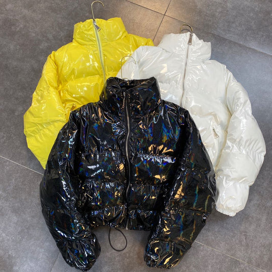 カラフルな真珠光沢のあるパテントレザーの光沢のある純色のコットンジャケット