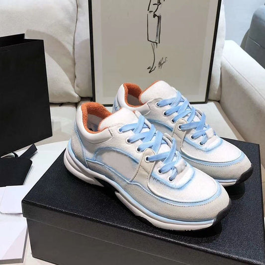 women's leather lace up thick soled Sequin running shoes