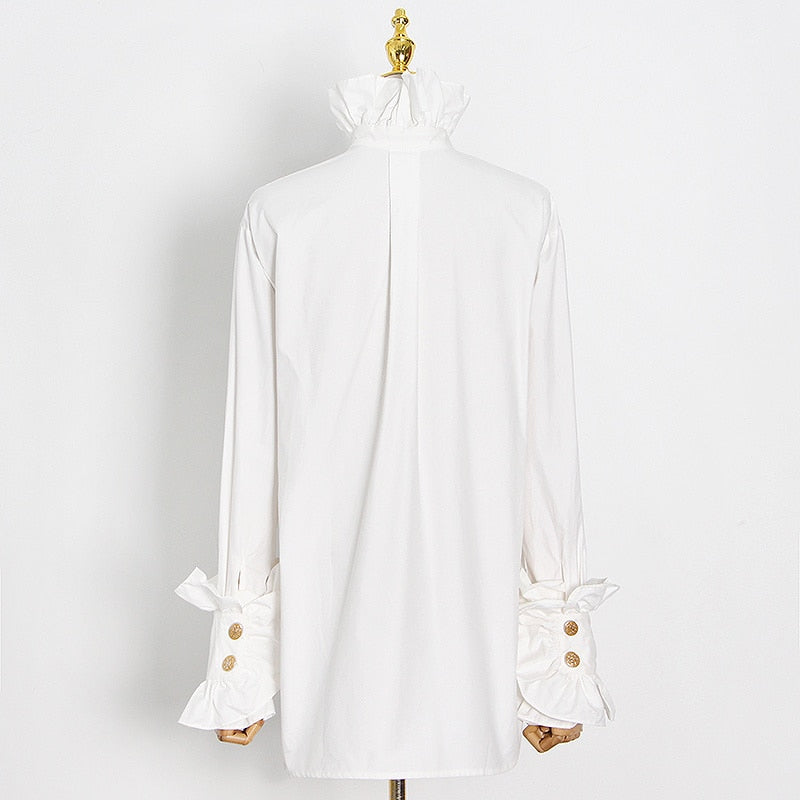 女性用パッチワークフリルシャツ タートルネック フレア 長袖