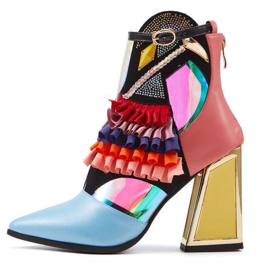 High Heel Ankle Boots Bling Bling Ruffles Party Shoes Women