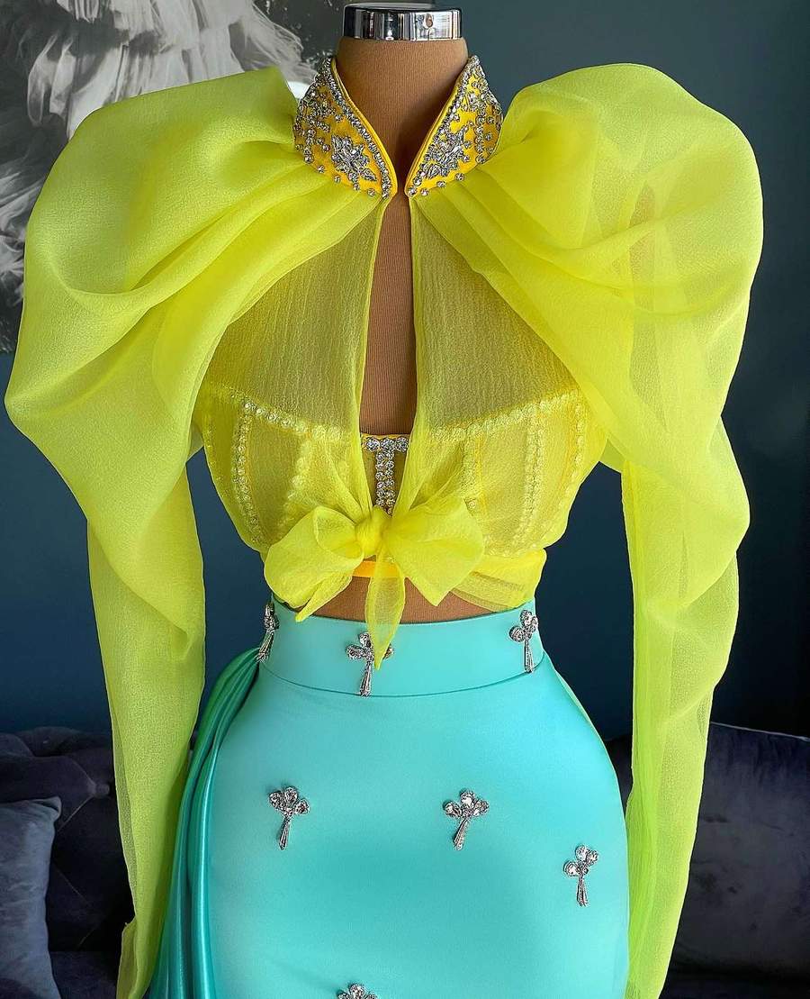 Elegant Two Piece Prom Dresses Long Sleeves Crystals