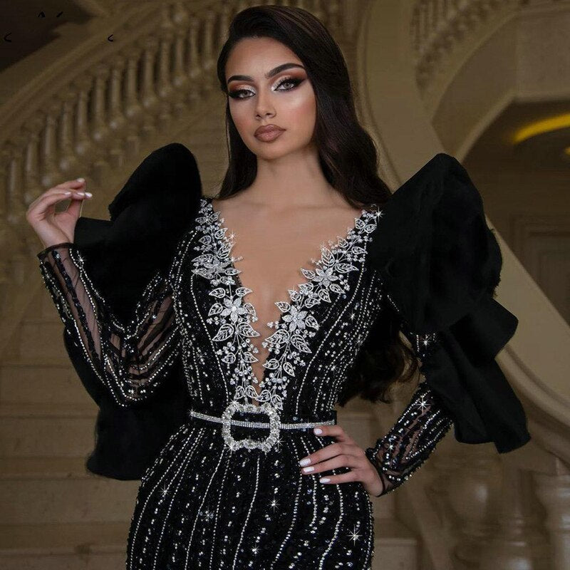 Dubai Black Long Sleeve Mermaid Evening Dresses