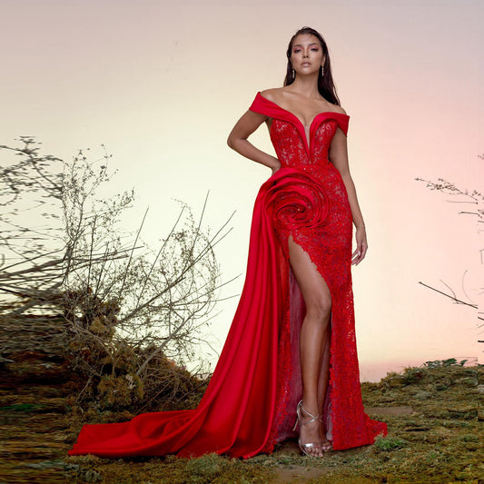 Red Elegant Exquisite Evening Dress Off-The-Shoulder