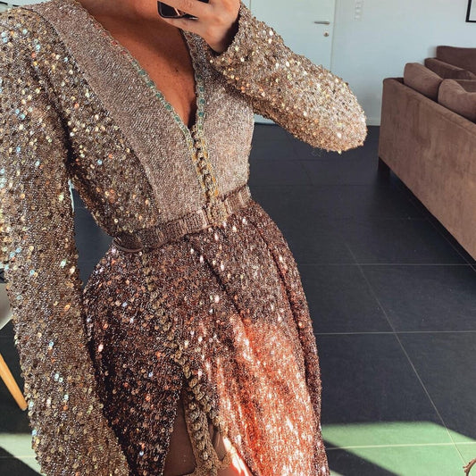 Champagne Sexy V-Neck Moroccan Caftan Dress