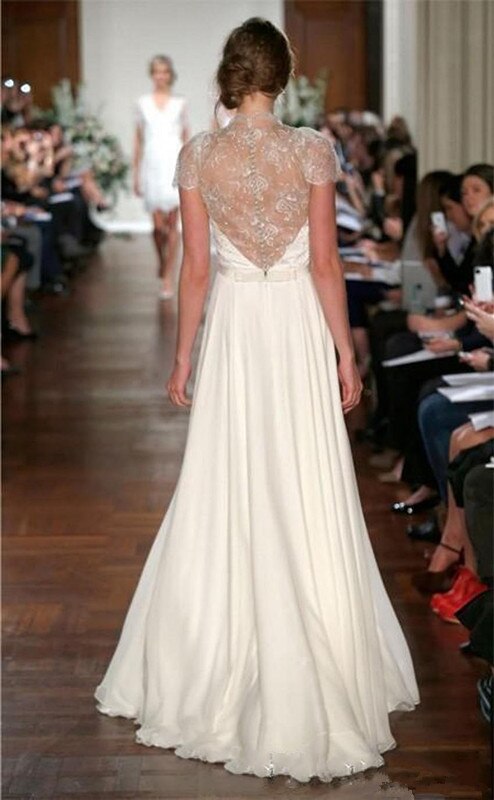 Aライン Vネック シフォン レース ビーズ ロング イブニングドレス