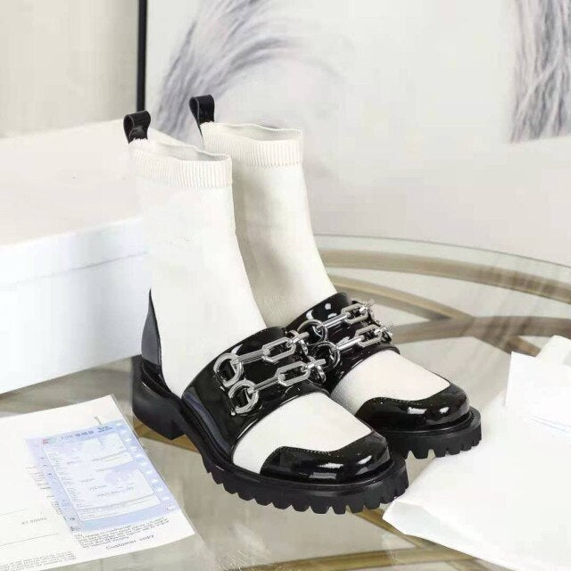 レディース 新作 パテントレザー ウール プラットフォーム ソックス ブーツ