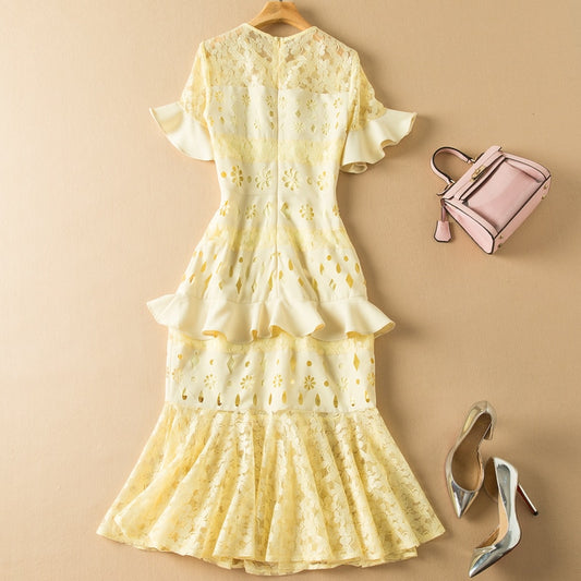 Fashion Short Sleeve Lace Patchwork Hollow Elegant Party Dress