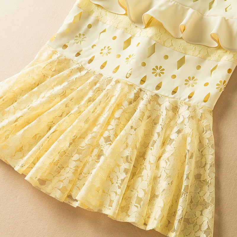 Fashion Short Sleeve Lace Patchwork Hollow Elegant Party Dress