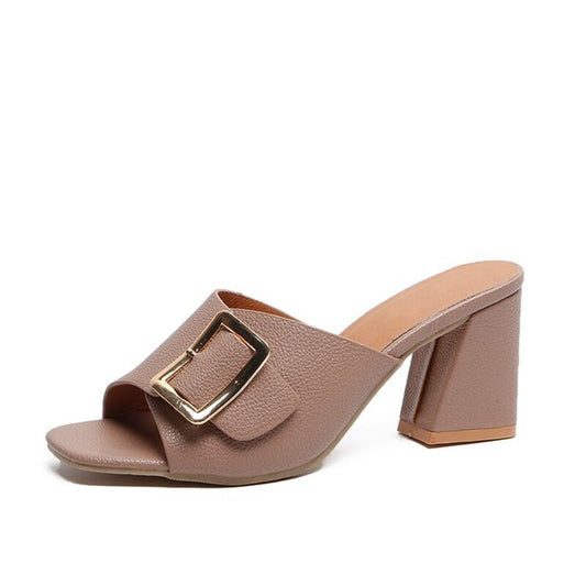 Women Slippers Pure Color Square Head Coarse Heel