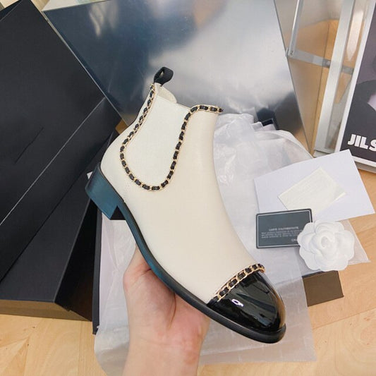 本物のスムースレザーチェーンリンクプルオンアンクルブーツ(女性用)