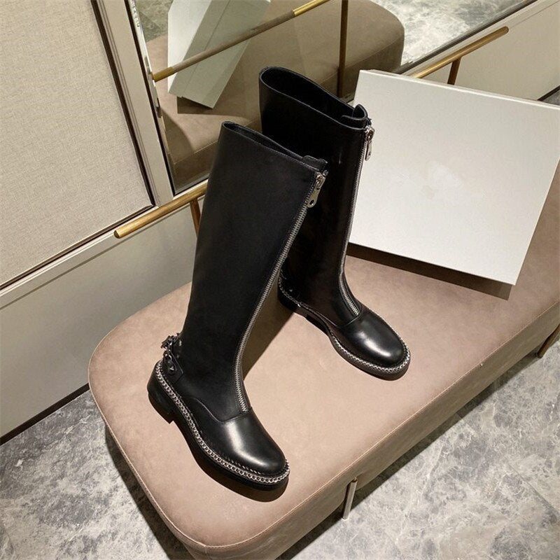 Women Low Heel Buckle Patchwork Punk Cool Motorcycle Boots