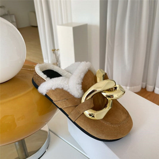 Ladies Slippers with Metal Chain Decoration Wool Round toe