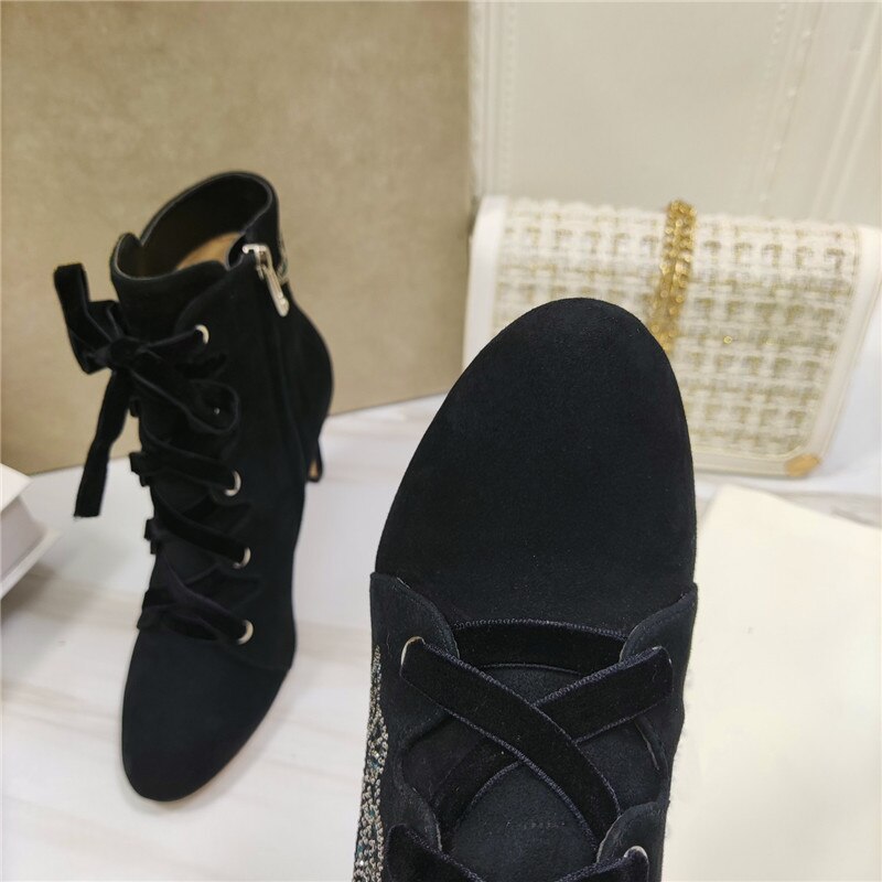 刺繍ラインストーンレディースショートブーツ