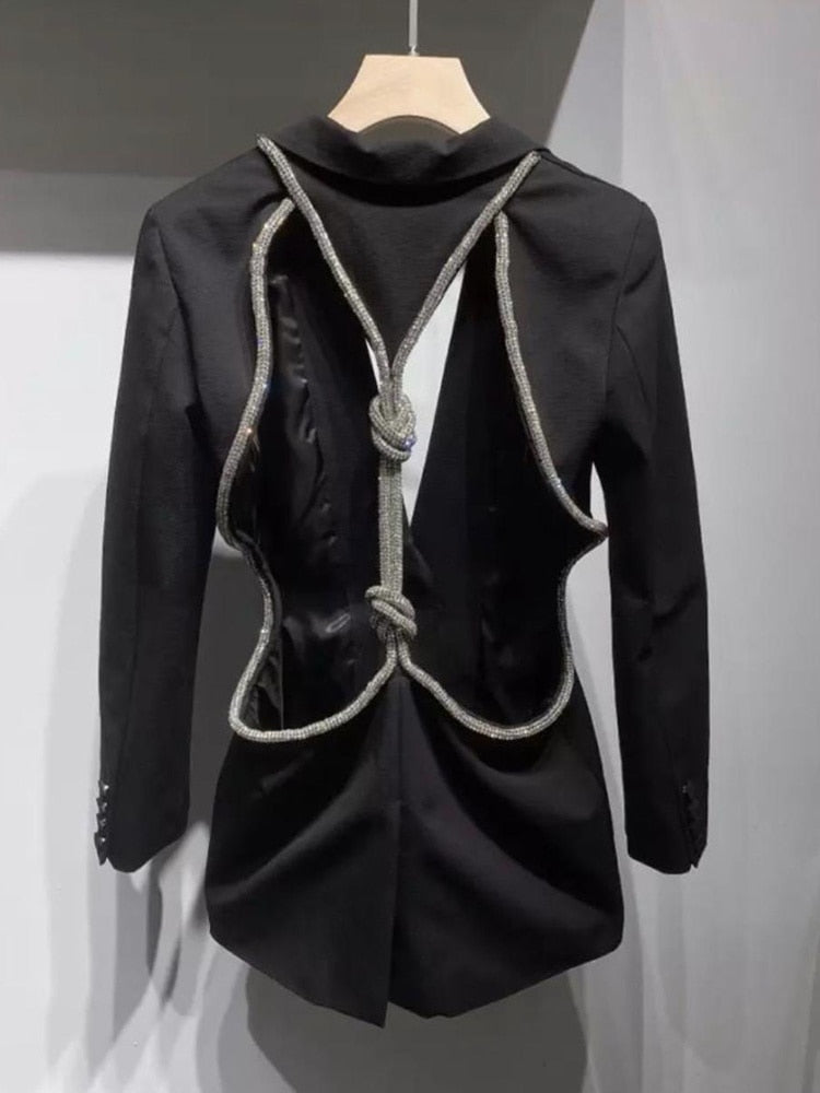 Women Notched Long Sleeve Backless Hollow Out Casual Coat