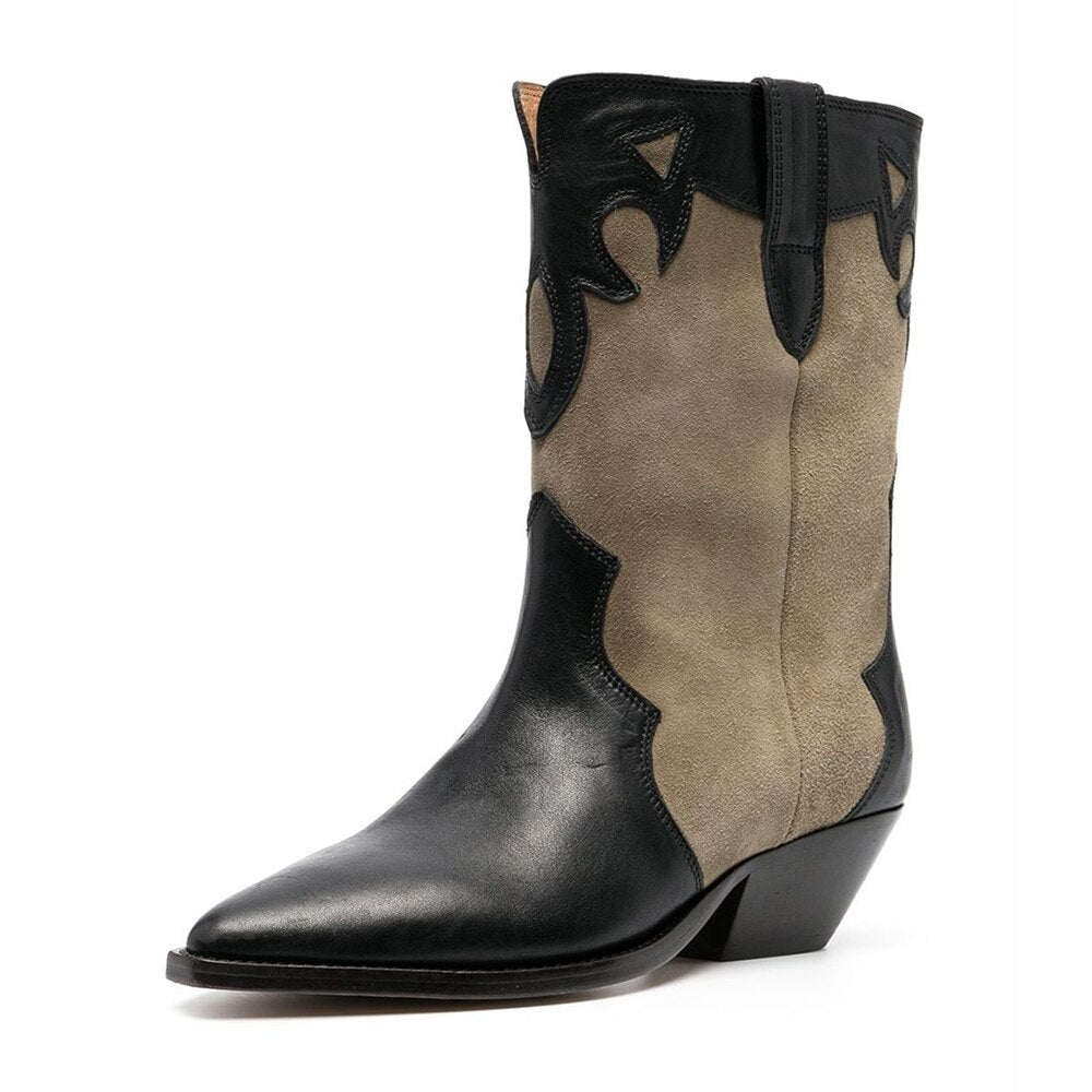 Women Leather Low-Heel Pointed Toe Cowboy Boots