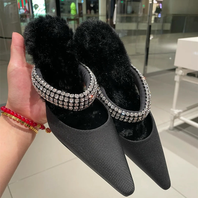 pointed high heels Baotou rhinestone half-supported hairy shoes