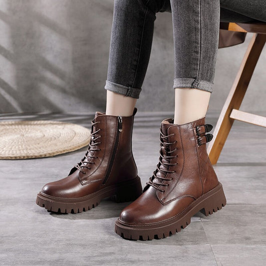 Lace Up Thick Heel Boots Women Round Toe