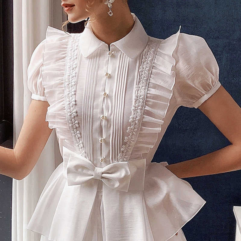 White Sweet Patchwork Bowknot Shirts For Women Lapel Puff Elegant Blouses