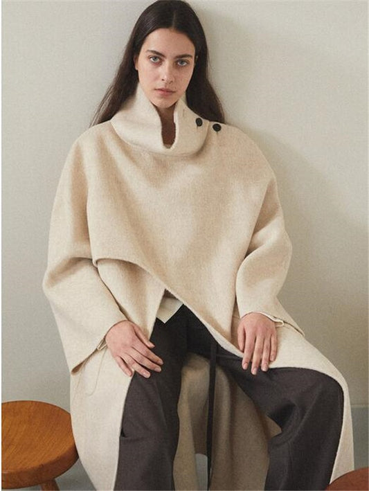 Women's Long Asymmetric Shawl Stand Collar Wool Long Coat