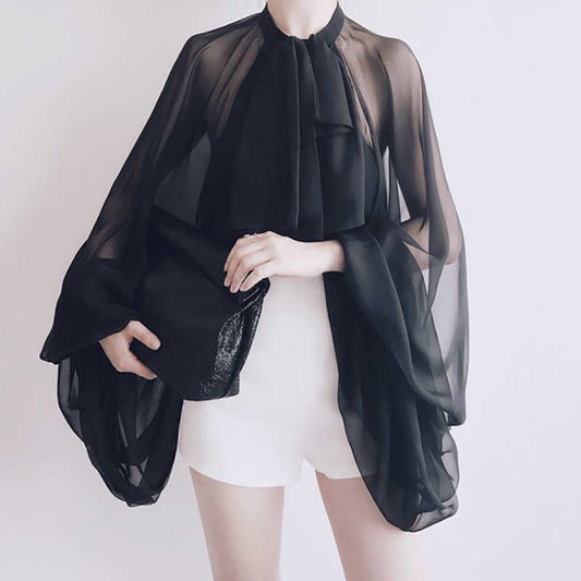Bowknot Chiffon Blouse Shirt Women Tulle Transparent Sexy Tops