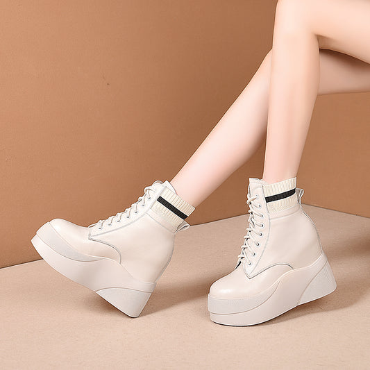 女性用足首底厚手牛革チェルシースノーブーツ