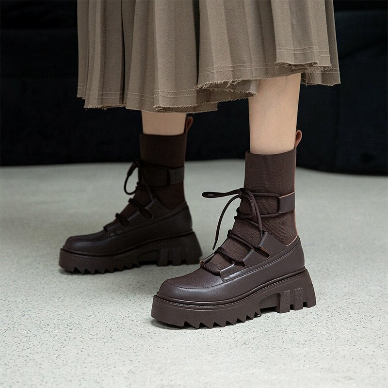 レースアップ アンクルブーツ プラットフォーム スクエアヒール 女性