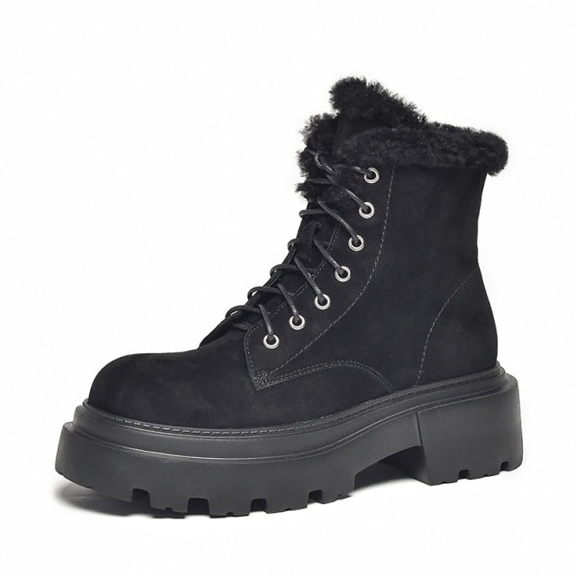 Women Kid Suede Leather Ankle Boots Warm Wool Shoes