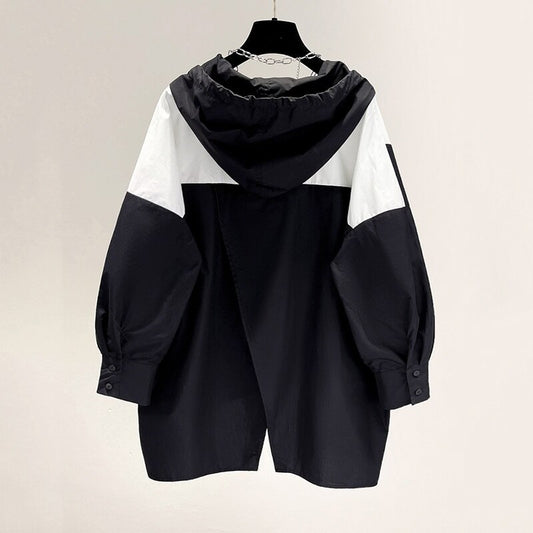 Chic Hooded Color-block Coat Women Spring Overcoats