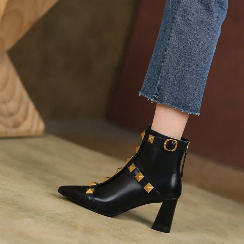 レディース 本革 厚底ヒール リベット ショートブーツ