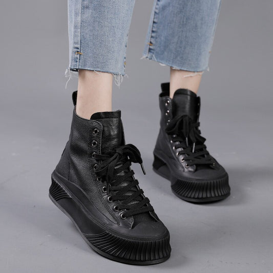 レディース ラウンドトゥ レースアップ コンサイス フラット ハンドメイド プラットフォーム ブーツ