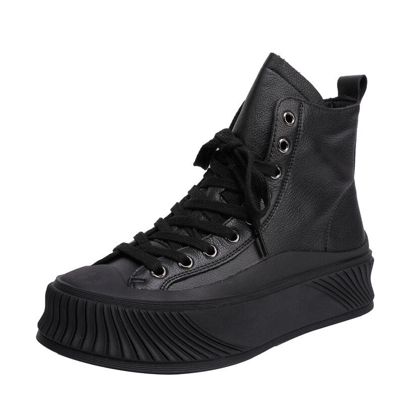 Women Round Toe Lace-Up Concise Flat With Handmade Platform Boots