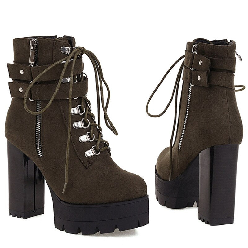 Women Platform Block Heel Motorcycle Boots