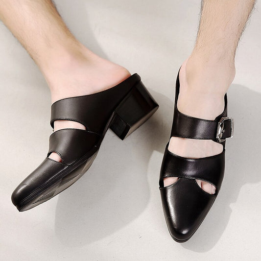 Pointed Toe Buckle Hollow Leather Shoes Male Black Sandals