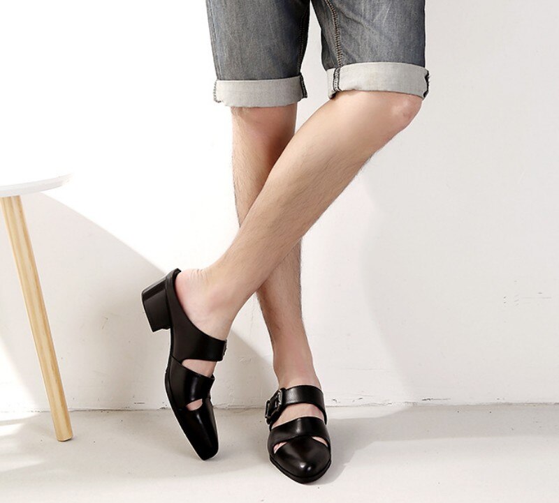 Pointed Toe Buckle Hollow Leather Shoes Male Black Sandals