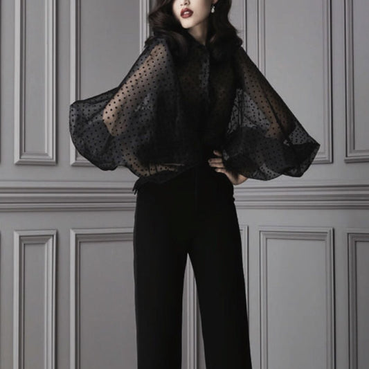 Vintage Polka Dot Long Puff Sleeve Womens Tops and Blouses