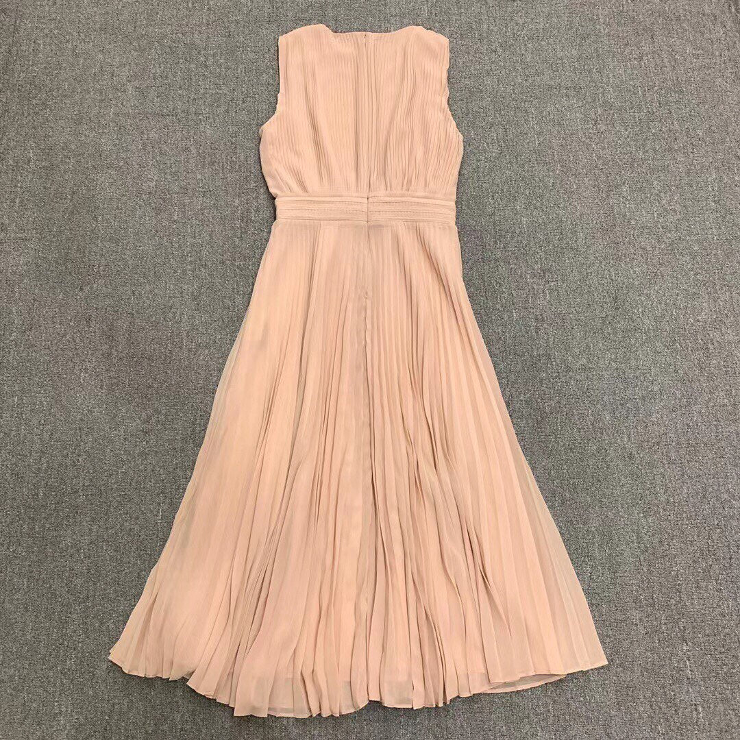 Lady Exquisite Pleated Sleeveless Vest High Waist Mid Dress