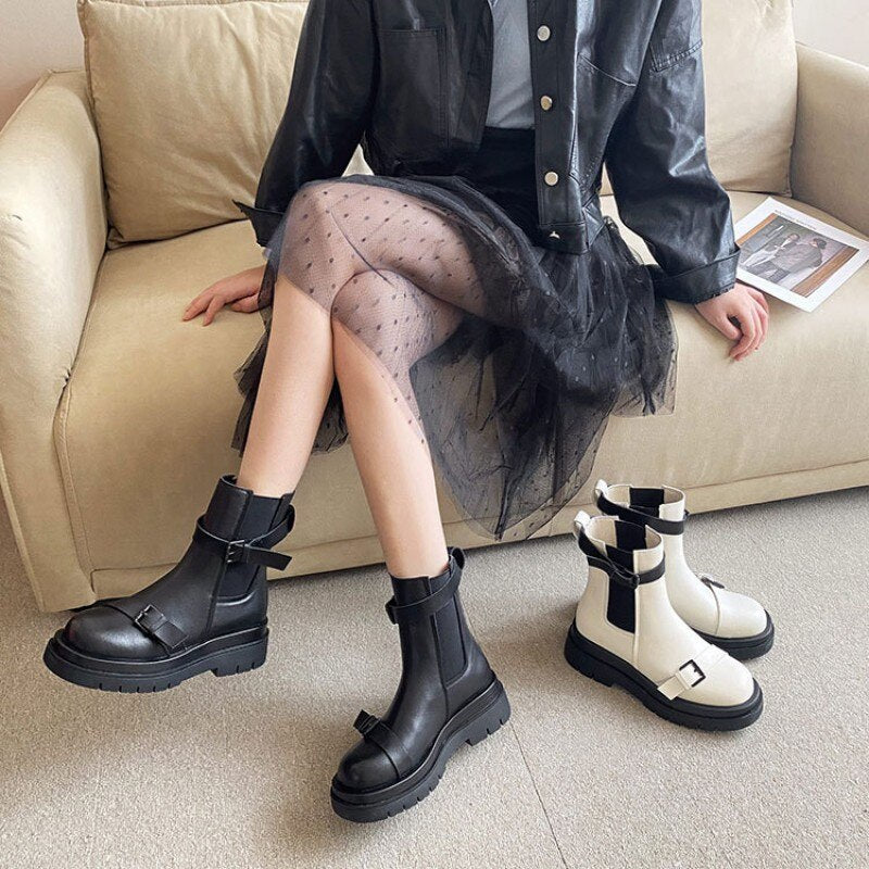 ラウンドトゥ 厚底 プラットフォーム アンクルブーツ レディース