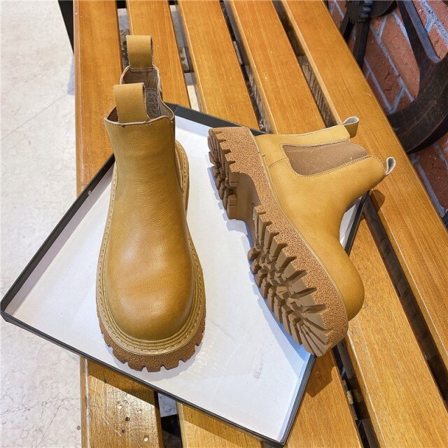 レディース ラウンドトゥ 厚底 レザー チェルシーブーツ