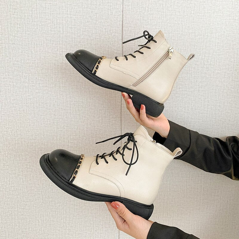 女性用ストリートミックスカラーフラットナイトブーツ