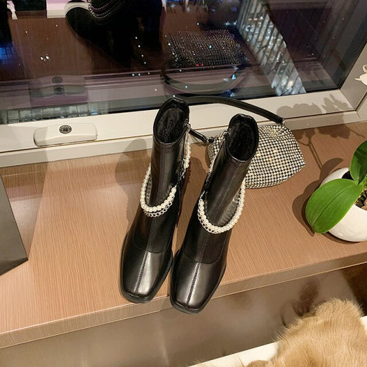 女性用エレガントなスクエアトゥハイヒールアンクルブーツ