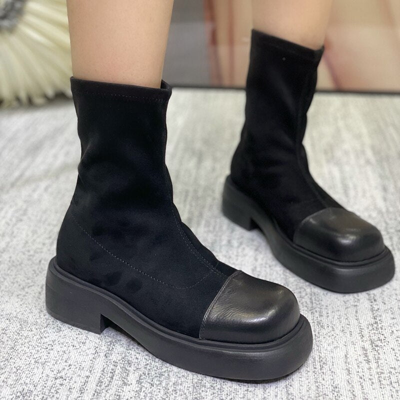 レディースブーツ ヴィンテージ ラウンドトゥ ストレッチ アウトドア ファッション