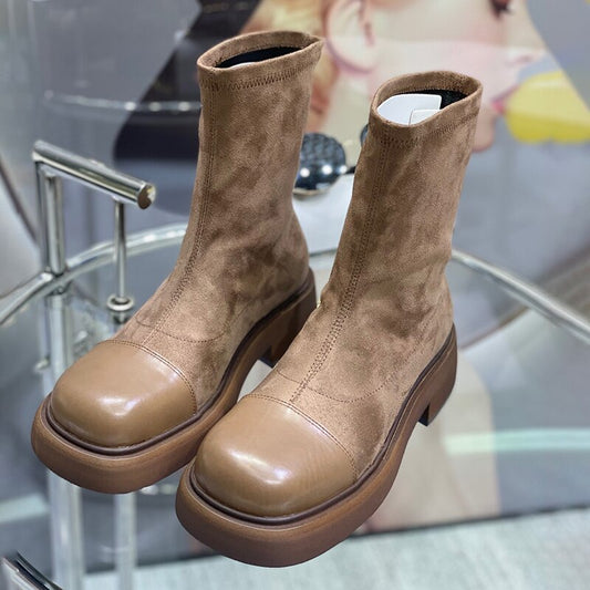 レディースブーツ ヴィンテージ ラウンドトゥ ストレッチ アウトドア ファッション