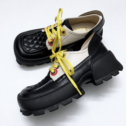 Mixed Colors Square Toe Lace Up Platform Shoes Ladies Pumps