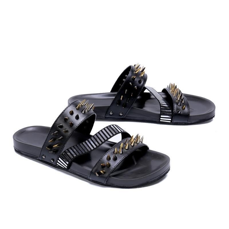 Mens Real Leather Roman Slides Rivet Punk Slippers