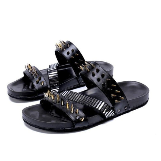 Mens Real Leather Roman Slides Rivet Punk Slippers
