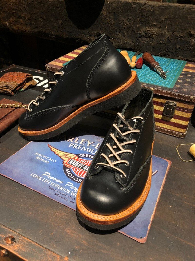 Classic Retro Biker Work Shoes Men Handmade Lace Up Platform Safety Boots
