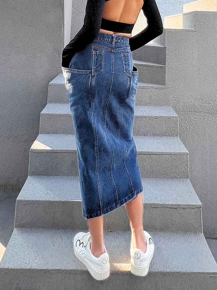 Blue Denim Skirt For Women High Waist Straight Split Solid Streetwear