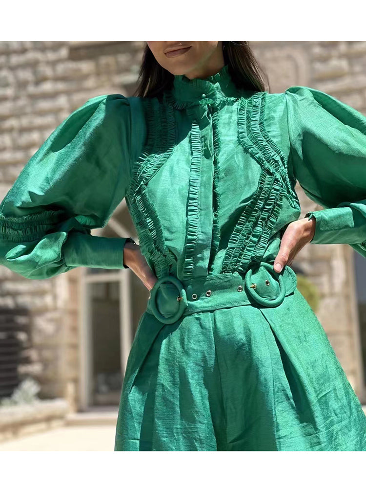 Casual Two Piece Sets For Women Stand Collar Loose Lantern Sleeve Shirts