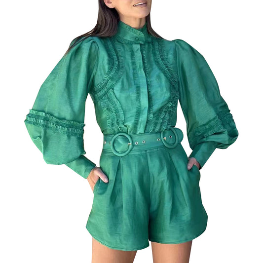 Casual Two Piece Sets For Women Stand Collar Loose Lantern Sleeve Shirts