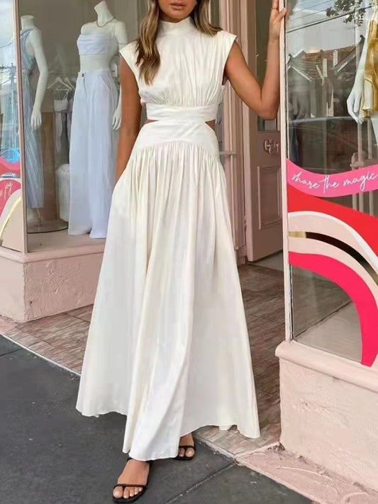 Fashion Cut Out Dress For Women Stand Collar Sleeveless High Waist Solid